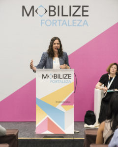 Lisa Bender, Minneapolis City Council President speaks at MOBILIZE podium