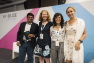 From left to right; Shomik Mehndiratta of the World Bank, Lake Sagaris of Pontificia Universidad Católica de Chile, Leticia Bortolon of ITDP Brazil, and Cecilia Vaca Jones of the Bernard van Leer Foundation discuss Harmonious Cities during a plenary session.